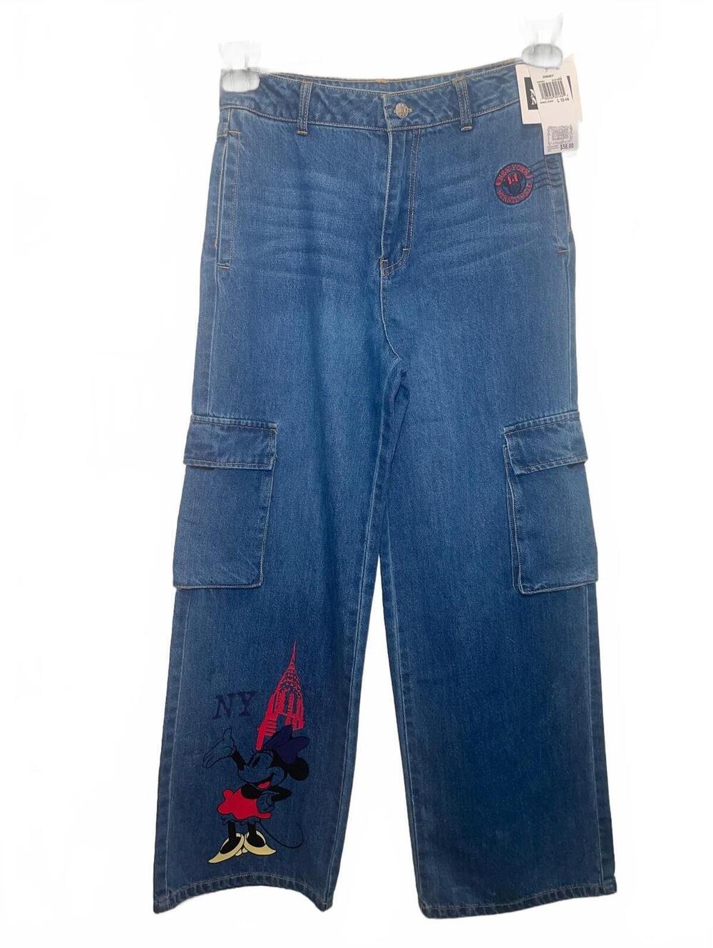 Disney Minnie Mouse Blue Denim Cargo Jeans Girls Size L 12-14 with NY Embroidery
